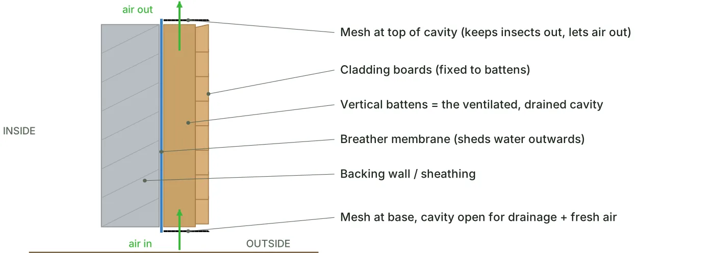 Section through a timber cladding wall showing backing wall, breather membrane, vertical battens forming a ventilated cavity, cladding boards and insect mesh at top and bottom